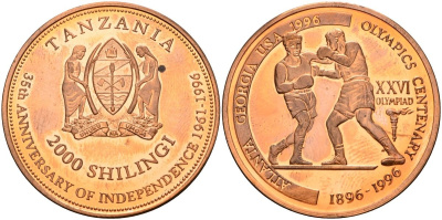 Танзания 2000 шиллингов 1996 XXVI Олимпийские игры 1996 года в Атланте, 100 лет Олимпейскому движению, бокс, пробник, гладкий гурт медь PROOF 04-324-44