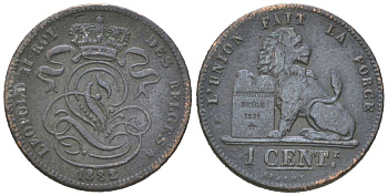 Бельгия 1 сантим 1882 DES BELGES, Леопольд II (1865-1909) KM 33 медь 4617-529