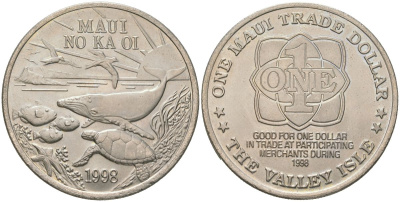 Остров Мауи (Гавайские острова) 1 доллар 1998 торговый доллар, Дельфины медно-никель UNC 4558-415