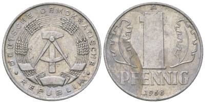 ГДР 1 пфенниг 1968 А КМ 8.1 алюминий 4615-1232