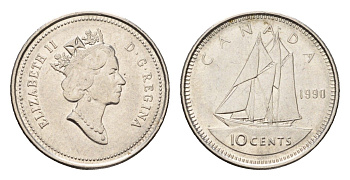 Канада 10 центов 1990 Елизавета II (1952-2022), парусник KM 183 никель 4689-563