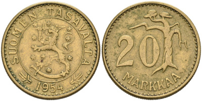 ФИНЛЯНДИЯ 20 МАРОК 1954 H KM 39 алюминиевая бронза 4563-246