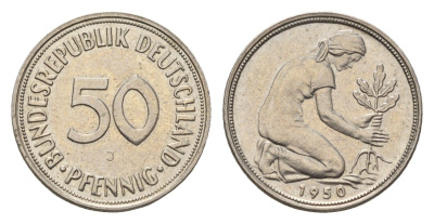 ФРГ 50 пфеннигов 1950 J KM 384, KM 109.1 медно-никель 4684-245
