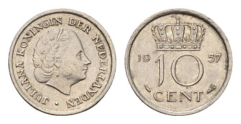 Нидерланды 10 центов 1957 Юлиана (1948-1980) KM 182 никель 206-426
