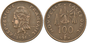Французская Новая Каледония 100 франков 1996 хижина среди сосен и пальм, (IEOM) KM 15, Schoen 16, Lec 139 никель латунь 4140-1025