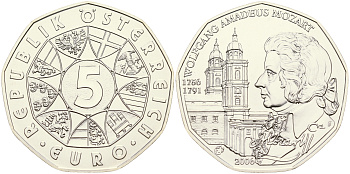 Австрия 5 евро 2006 250 лет со дня рождения Вольфганга Амадея Моцарта, Зальцбургский кафедральный собор KM 3131 серебро UNC 01-080-14