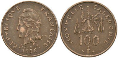 Французская Новая Каледония 100 франков 1996 хижина среди сосен и пальм, (IEOM) KM 15, Schoen 16, Lec 139 никель латунь 4140-1025