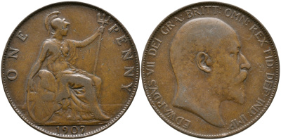Великобритания 1 пенни 1907 Эдуард VII (1901-1910) KM 794.2, Spink 3990 бронза 32-222