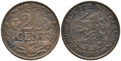 НИДЕРЛАНДЫ 2 1/2 ЦЕНТА 1915 ВИЛЬГЕЛЬМИНА KM 150 бронза 34-834