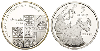 Бразилия 5 реалов 2014 ЮНЕСКО - Сан-Луис, тираж 3.000 экземпляров, в оригинальной коробке, с сертификатом KM 700 серебро  PROOF  3-6-1-06
