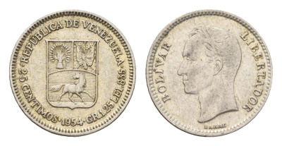 Венесуэла 25 сентимо 1954 Симон Боливар, год-тип Y 35 серебро 4679-132