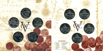 НИДЕРЛАНДЫ НАБОР ИЗ 5 ЖЕТОНОВ 1996 ГОЛЛАНДСКАЯ ОСТИНДСКАЯ КОМПАНИЯ (1602-1799), 3 DAALDERS? БУКЛЕТ, ТИРАЖ 20000 ЭКЗ. медно-никель UNC 7-6-34