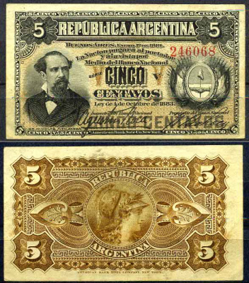 Аргентина 5 сентаво 1883 (1884) серия V, Николас Авельянеда (1837-1885) Pick 5 бумага XF+  000-00-00