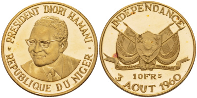 Нигер 10 франков 1960 Президент Амани Диори (Hamani Diori), годовщина независимости KM 1 золото PROOF 00-808-43