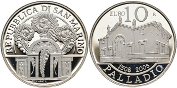Сан-Марино 10 евро 2008 500 лет Андреа Палладио KM 514 серебро  PROOF 05-095-24