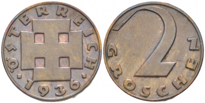АВСТРИЯ 2 ГРОША 1936 KM 2837 бронза 3309-944