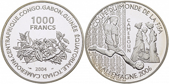 Центральная Африка (BEAC) 1000 франков 2004 чемпионат мира по футболу в Германии FIFA Камерун, 2006 KM 23 серебро PROOF 01-107-25