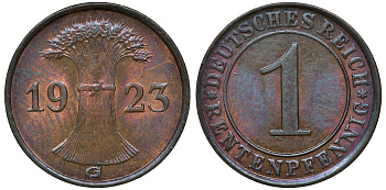 Германия 1 рентенпфенниг 1923 G KM 30, J. 306 бронза UNC 72-1167