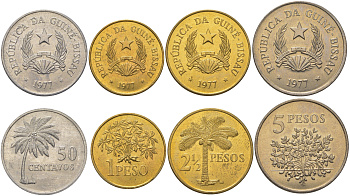 Гвинея-Бисау годовой набор из 4 монет ( 50 сантимов; 1, 2 1/2 и 5 песо) 1977 KM 17, 18, 19 и 20 алюминиевая бронза UNC 4626-441-444