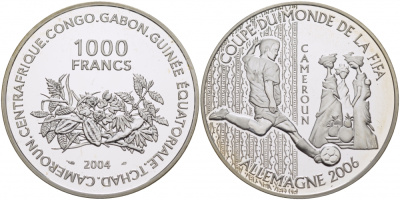 Центральная Африка (BEAC) 1000 франков 2004 чемпионат мира по футболу в Германии FIFA Камерун, 2006 KM 23 серебро PROOF 01-107-25