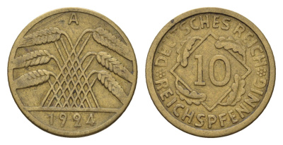 Германия 10 рейхспфеннигов 1924 A KM 40, J. 317 алюминиевая бронза 4684-223