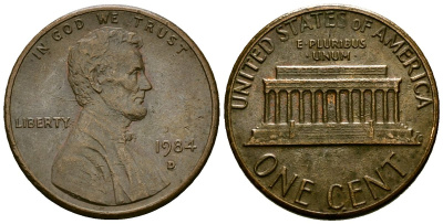 США 1 цент 1984 D, Линкольн KM 201b цинк плакированный медью 4136-242