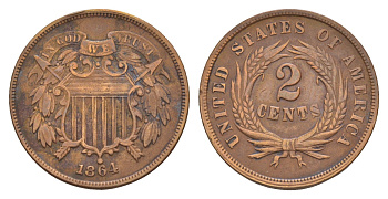 США 2 цента 1864 KM 94 медь олово цинк 1520-1113
