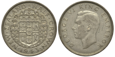Новая Зеландия 1/2 кроны 1943 Георг VI (1936-1952) KM 11 серебро 272-1033
