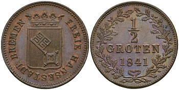 Бремен 1/2 гротена 1841 KM 236, Jaeger 16, AKS 9 медь 00-00