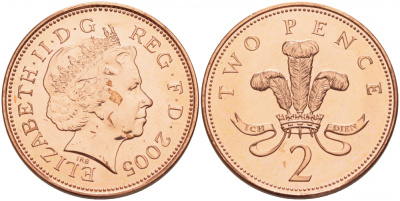 Великобритания 2 пенса 2005 Елизавета II (1952-2022) KM 987, Spink 4690 (C5) сталь плакированная медью UNC 3718-1137