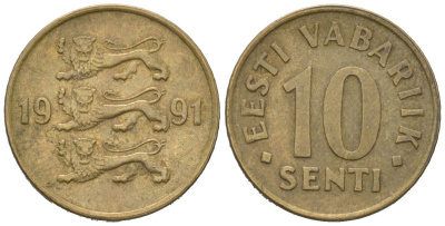 Эстония 10 сентов 1991 KM 22 латунь 4621-422