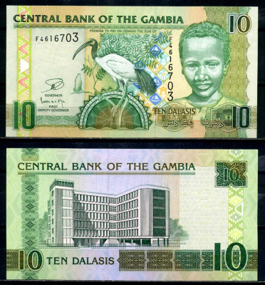 Гамбия 10 даласи ND (2006-2013) ибис, мальчик, здание центрального банка Pick 26с бумага UNC (пресс) 7486-44-3-1