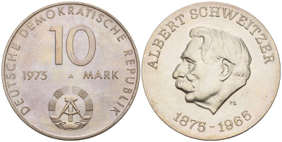 ГДР 10 марок 1975 A, 100 лет со дня рождения Альберта Швейцера, малый герб, гладкий гурт KM 57 серебро 00-820-54