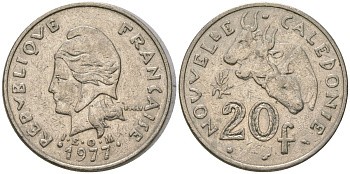 Французская Новая Каледония 20 франков 1977 три быка, (IEOM) KM 12, Schoen 14, Lec 107 никель 4120-633