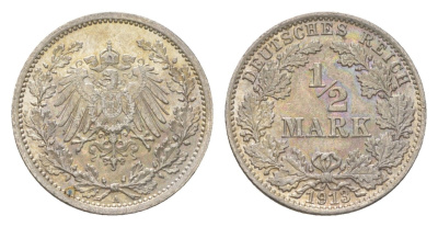 Германия 1/2 марки 1913 A, Вильгельм II (1888-1918) KM 17, J. 16 серебро aUNC 4625-1035