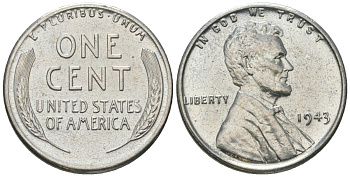 США 1 цент 1943 Авраам Линкольн KM 132 a сталь покрытая цинком aUNC 214-222