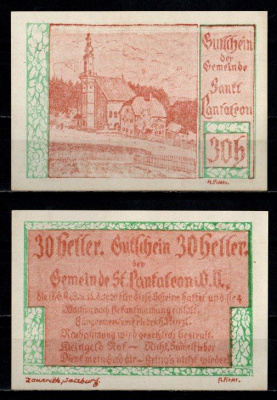 Австрия (Община Санкт-Панталеон) 30 геллеров 1920 Jaksc/Pick# JPR0921-30 бумага 7555-21-2-1