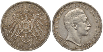 Пруссия 5 марок 1895 Вильгельм II (1888-1918) KM 523, J.104 серебро    413-1032