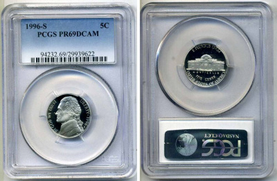 США 5 центов 1996 S, президент Джеферсон, в слабе PCGS PR69CAM KM А192 медно-никель PROOF 15-003-17