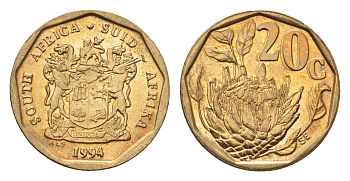 ЮАР 20 центов 1994 герб, цветок протея KM 136 сталь плакированная бронзой UNC 4694-837