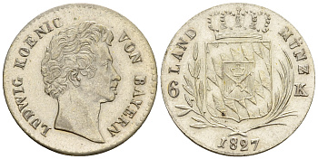 Бавария 6 крейцеров 1827 Людвиг I (1825-1848) KM 729, AKS 80 серебро aUNC 413-5232