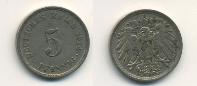 ГЕРМАНИЯ 5 ПФЕННИГОВ 1914 A, KM 11, J. 12 медно-никель 54-715
