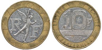 Франция 10 франков 1989 тип гений Бастилии KM 964.1, Le Franc 375.3 биметалл 45-623