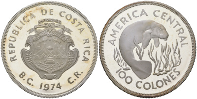 Коста-Рика 100 колонов 1974 Охрана природы KM 201a серебро PROOF 11-321-15