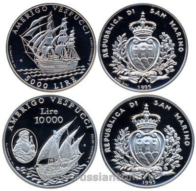 Сан-Марино набор из 2 монет 1995 Америго Веспуччи, парусники, в фирменной коробке с сертификатом KM 333, 334 серебро PROOF 5-4-1-40
