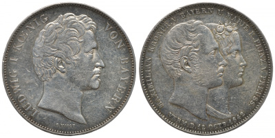 Бавария 2 талера 1842 Людвиг I, свадебный, свадьба Баварского Кронпринца Максимилиана и Марии Прусской AKS 104 b, Dav. 588, Kahnt 108 b, Thun 81 серебро 00-806-67