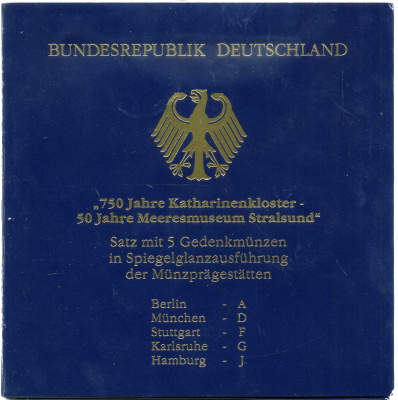 ФРГ набор из 5 штук по 10 марок 2001 A, D, F, G, J, 750 лет монастыря Святой Екатерины KM 204 серебро PROOF 6-5-2-5