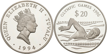 Тувалу 20 долларов 1994 Олимпийские игры 1996 года, плавание KM 24 серебро PROOF 1074-3-42