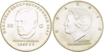 Нидерланды 10 гульденов 1997 Беатрикс (1980-2013), Джордж Маршалл KM 224 серебро UNC 4517-1116