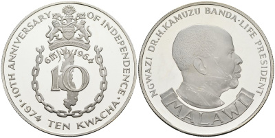 Малави 10 квача 1974 6 июля 1964, 10-я годовщина независимости, президент Хастингс Банда, тираж 4937 экз. KM 13 серебро PROOF 00-00